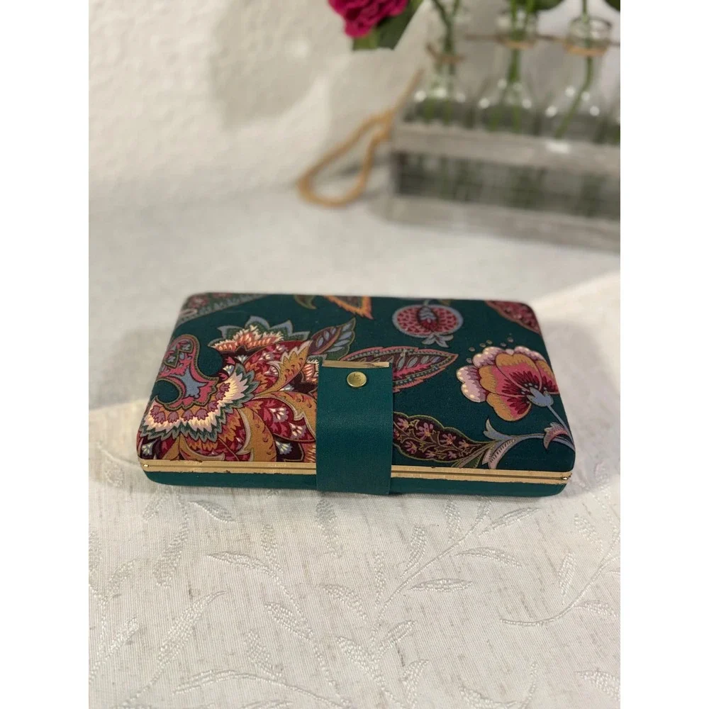 Vintage Floral Paisley Jewelry Travel Case Teal Burgundy Gold Tone Organizer